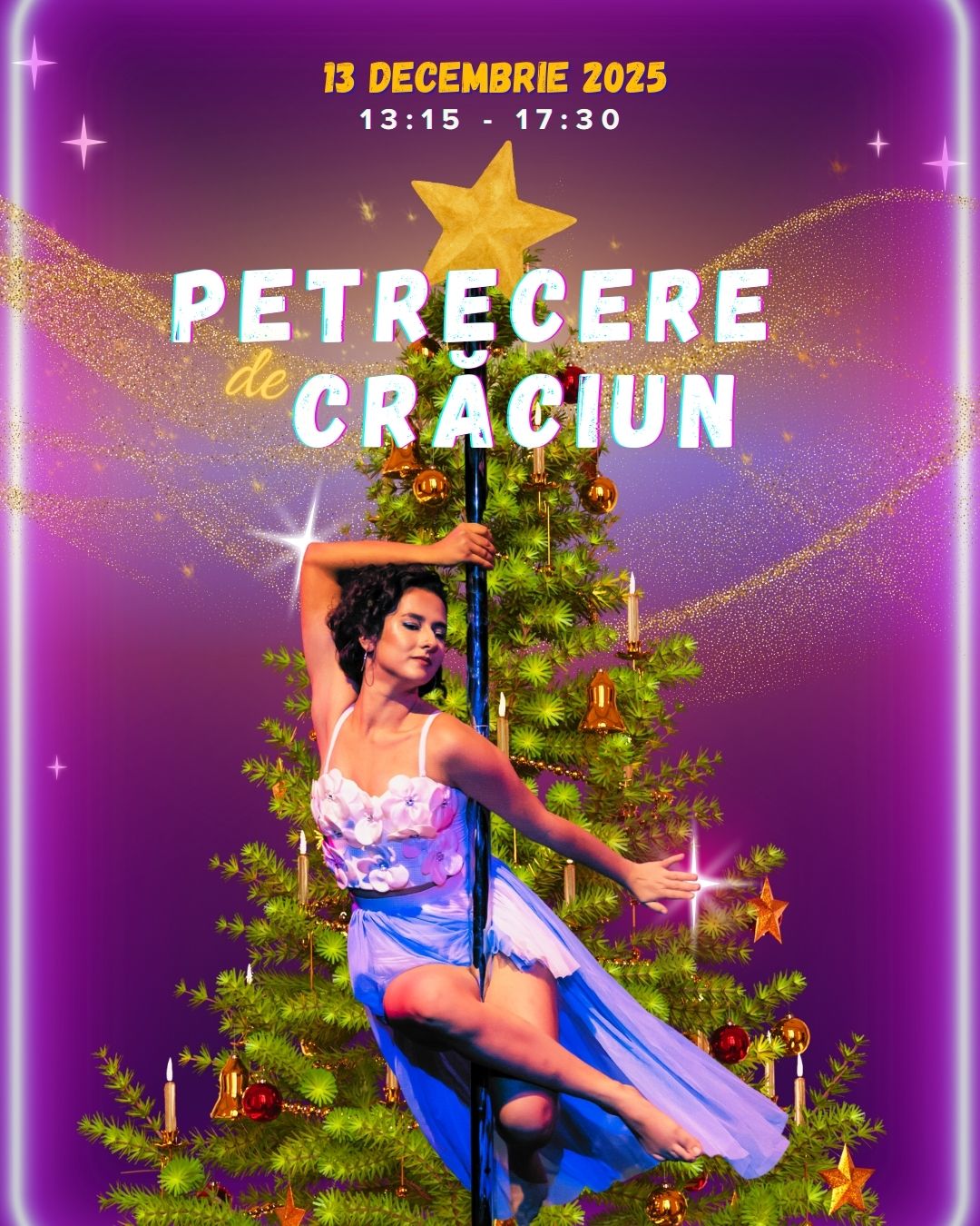 women dancing on pole dance in front of a Christmas tree