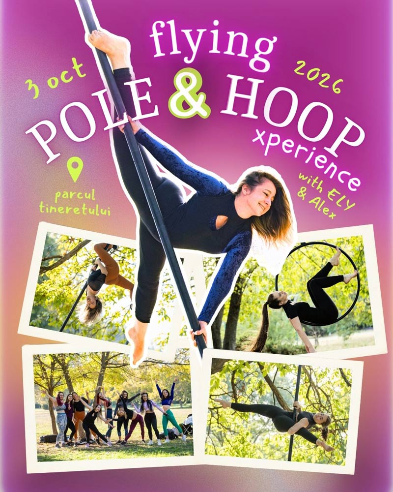 a woman in a flying pole pose