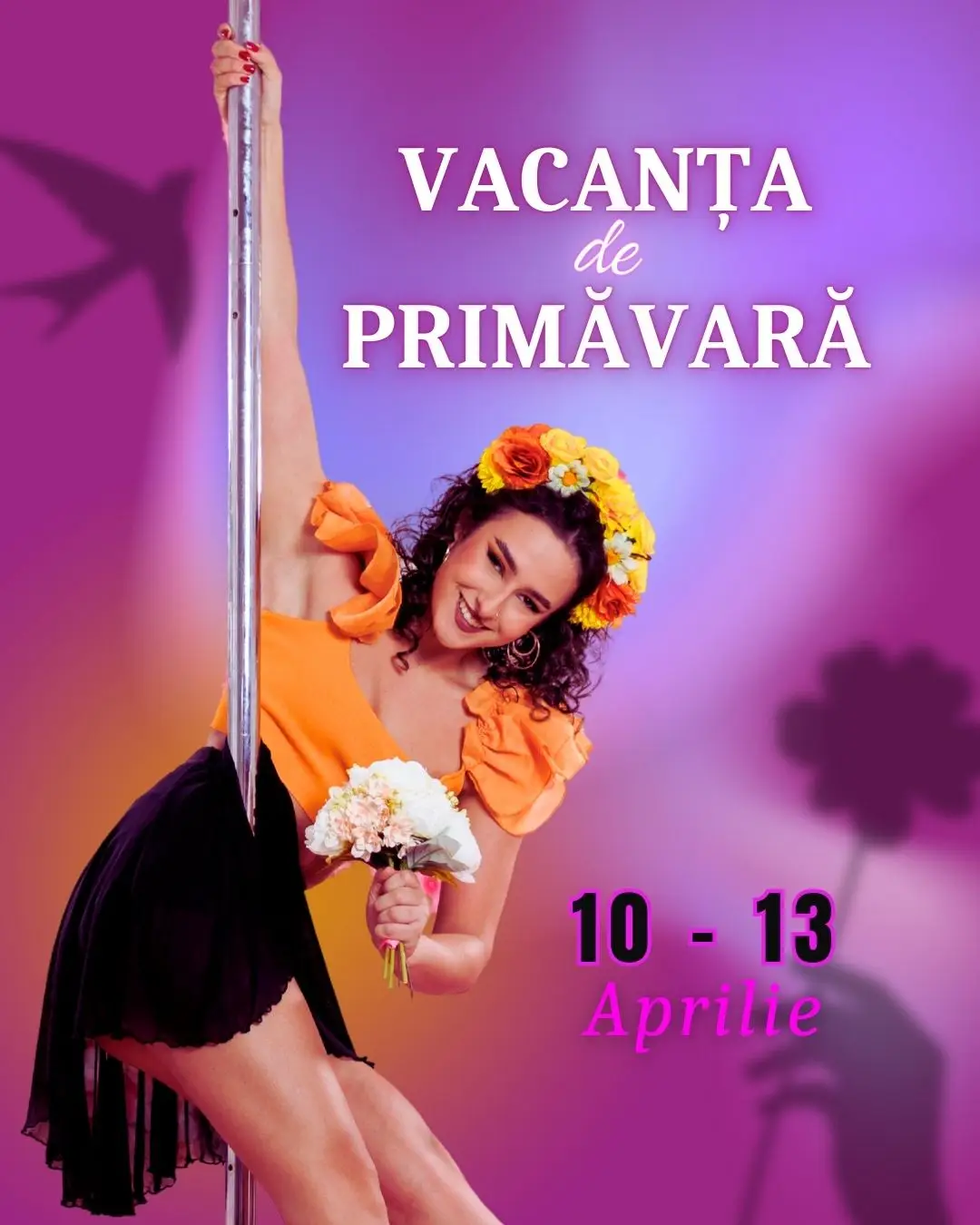 a woman dancing pole dance with flower in one hand