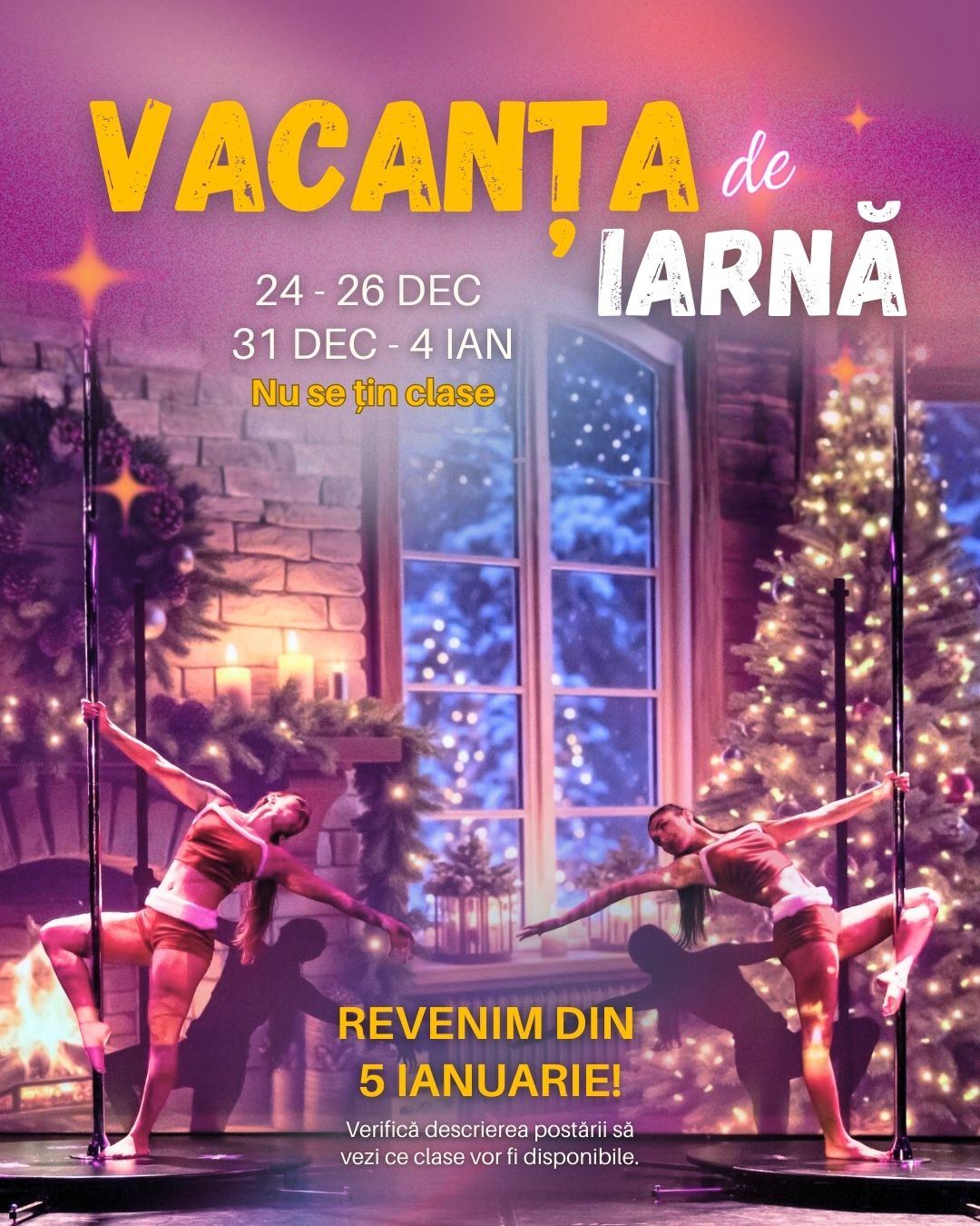 two women dancing on pole dance in front of a Christmas tree